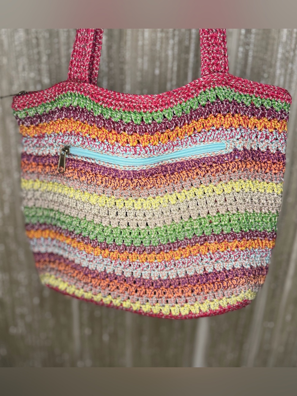The Sak Multicolor Crochet Stripe Tote Bag Shoulder Purse Zip Top Boho